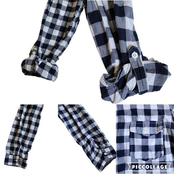 Girl Krazy navy gray white checkered button up long sleeve top sz L - Picture 8 of 12